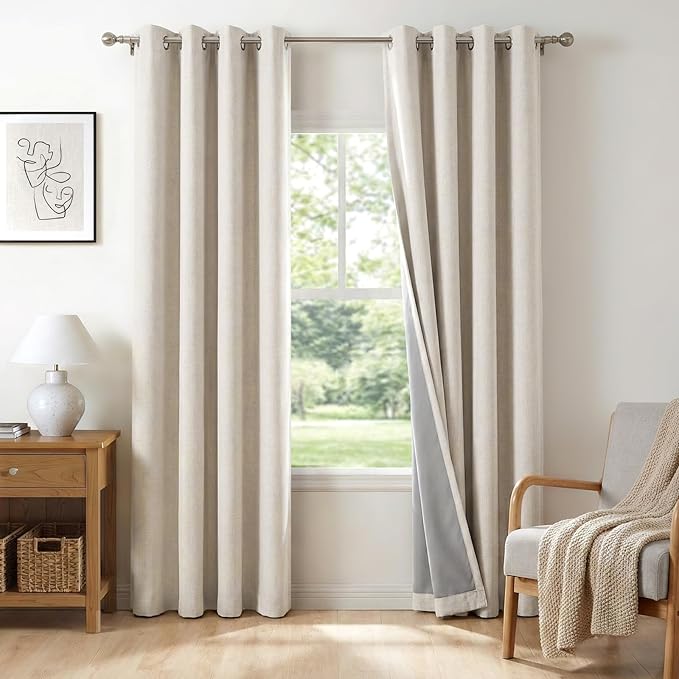 Linen Textured Total Blackout Curtains 96 Inches Long, Beige