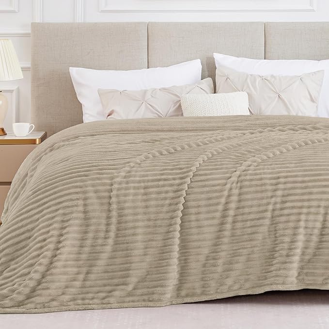 BEDELITE Blankets Queen Size for Bed, 300GSM Soft & Warm Fleece Blanket, Decorative and Giftable Striped Linen Blankets for Women, Men, 90"x90"