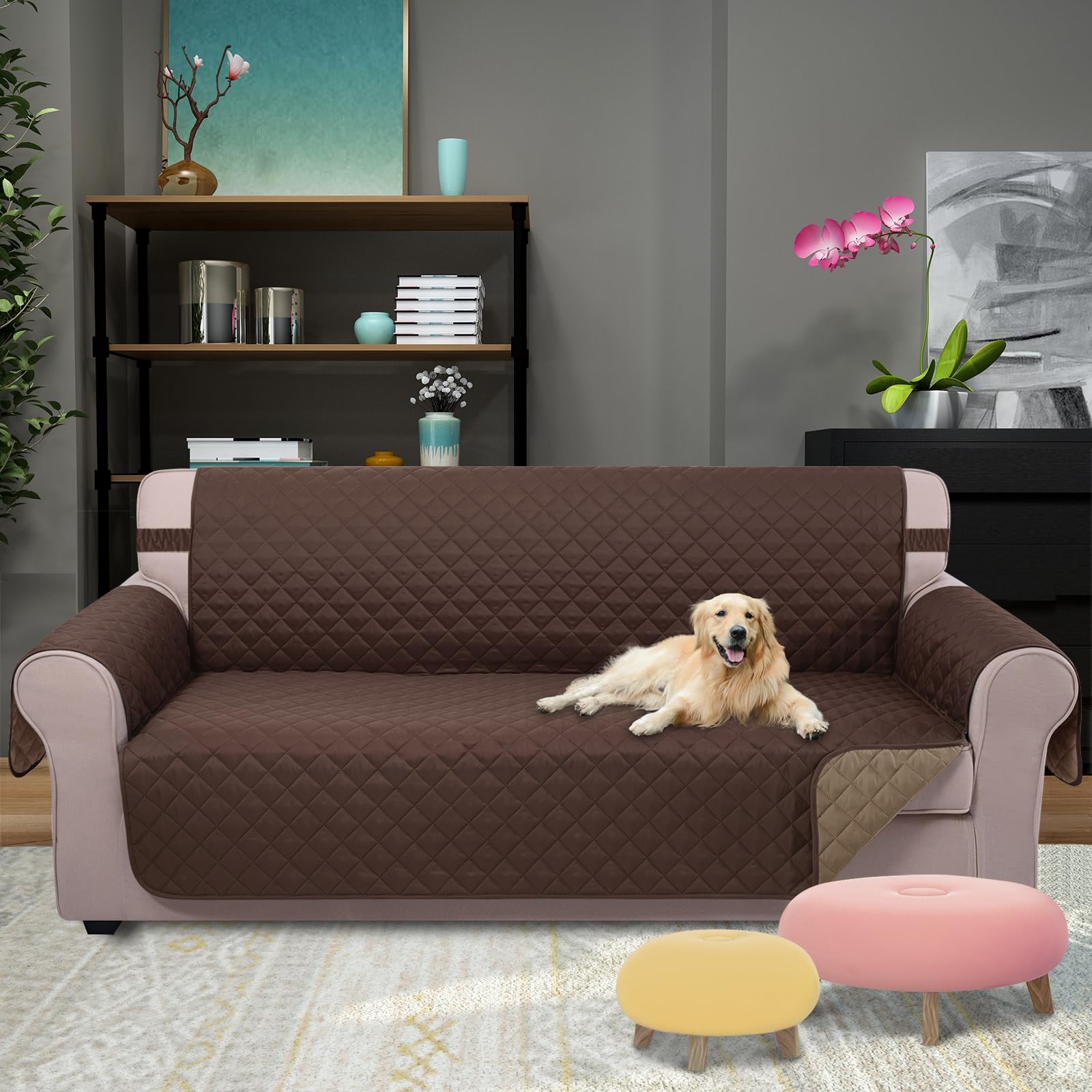 U-NICE HOME Large Sofa Cover Reversible Couch Cover, Chocolate/Taupe