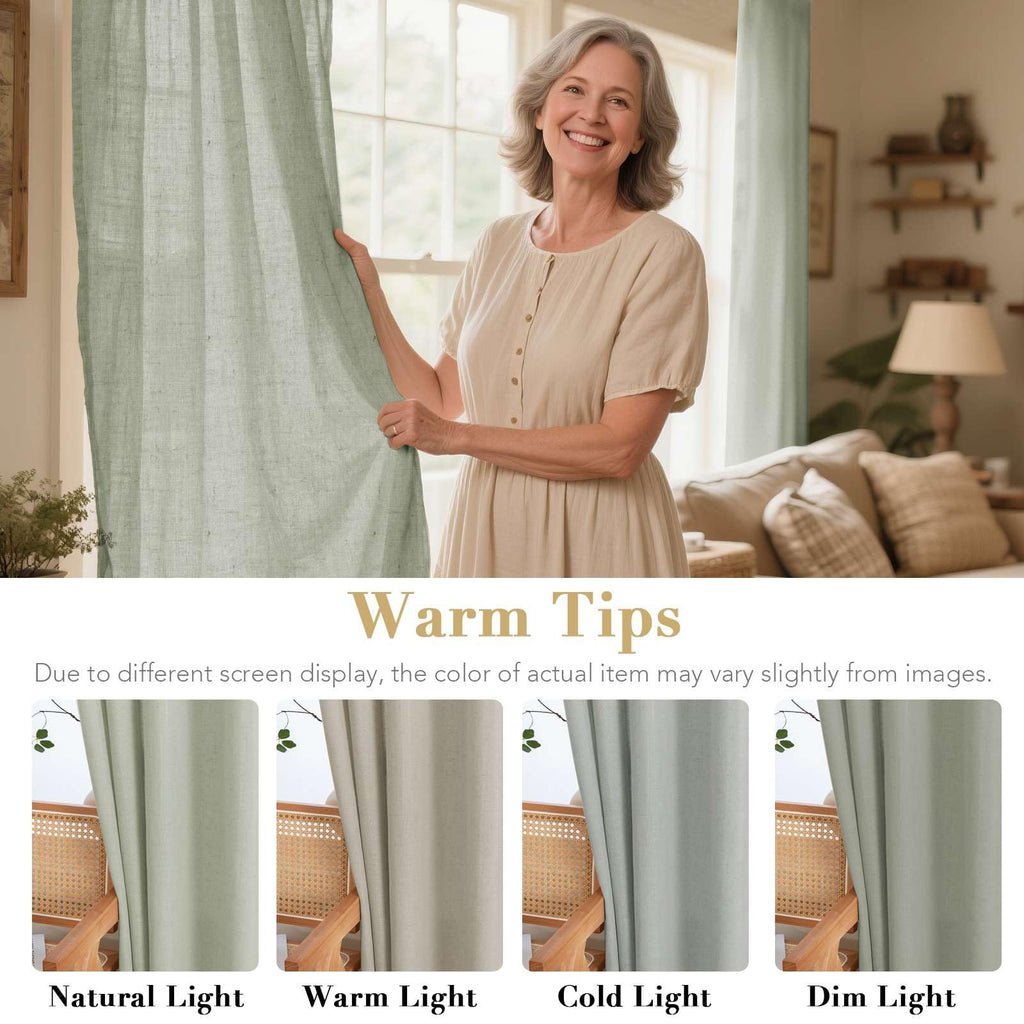 H.VERSAILTEX Elegant Natural Linen Blended Energy Efficient Light Filtering Linen Textured Semi Sheer Curtains/Nickel Grommet Window Treatments Panels/Drapes (Set of 2, Sage, 52" x 54")