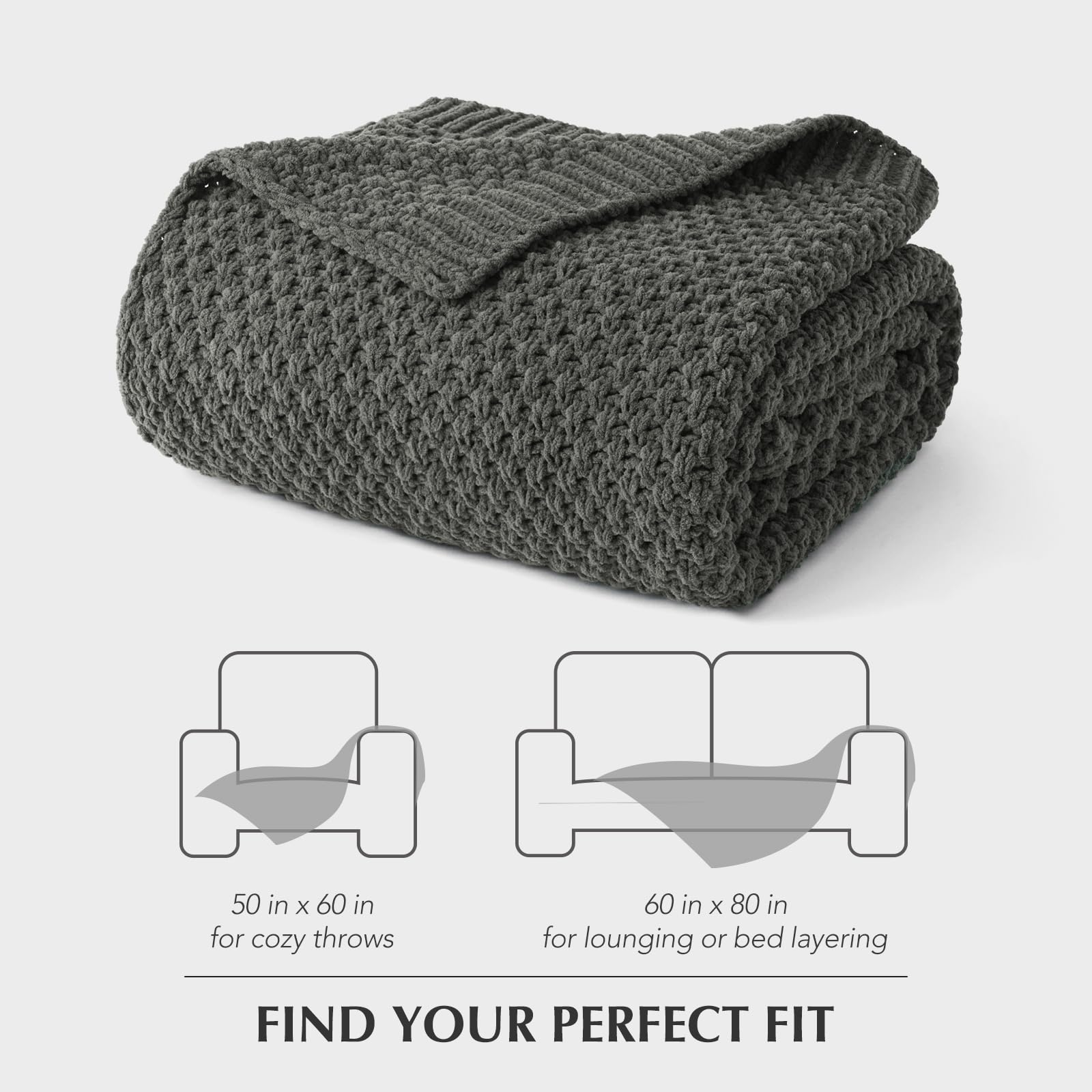 EVERGRACEHOME Chunky Chenille Knit Throw Blanket, 60 x 80, Charcoal Gray