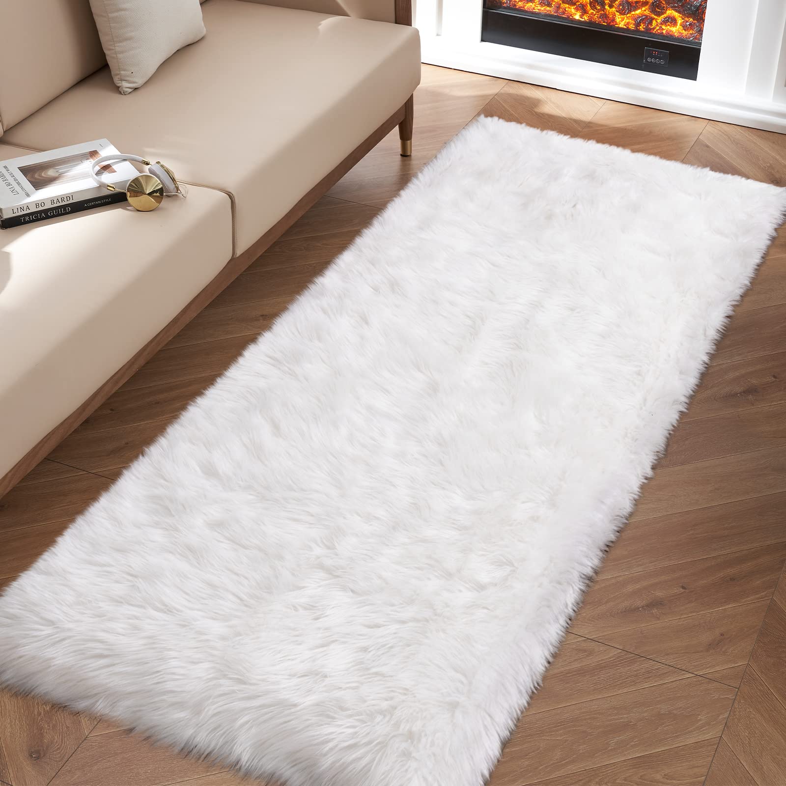 Tangsoo 2x6 White Fluffy Faux Fur Runner Rug,Soft Sofa Couch Cover Cushion