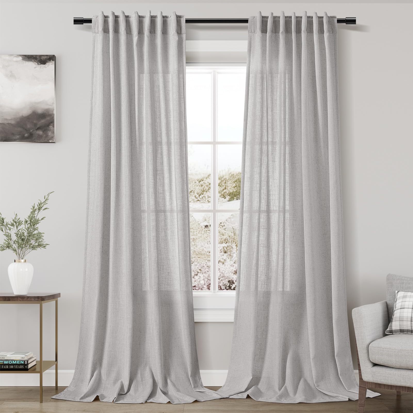 Nanspring Grey Linen Curtains 120 Inch Extra Long for Living Room Back Tab Light Filtering Semi Sheer Drapes Modern Farmhouse Coastal Decor Cotton Textured Curtain for Floor to Ceiling Window 10 FT