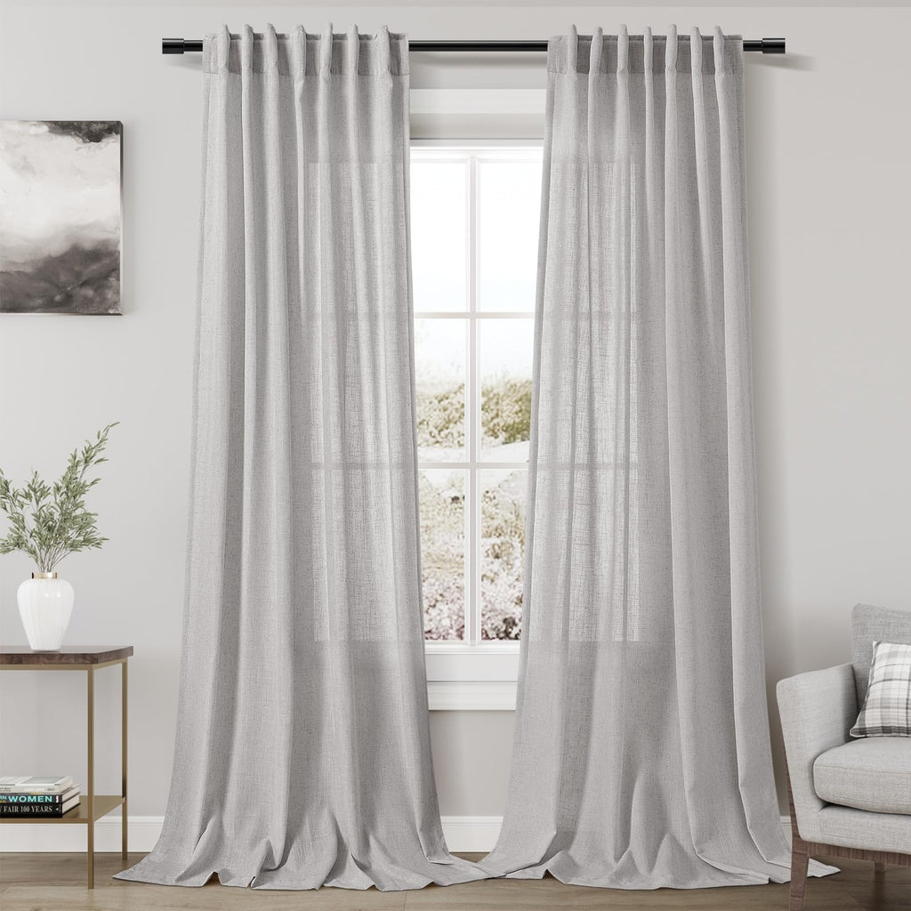 Nanspring Grey Linen Curtains 120 Inch Extra Long for Living Room Back Tab Light Filtering Semi Sheer Drapes Modern Farmhouse Coastal Decor Cotton Textured Curtain for Floor to Ceiling Window 10 FT
