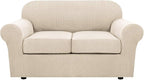 H.VERSAILTEX 3 Piece Stretch Sofa Covers for 2 Cushion Loveseat Couch Covers for Living Room Sofa Slipcovers (Base Cover Plus 2 Seat Cushion Covers) Thicker Jacquard Fabric(Medium Sofa, Natural)