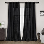 Black Sheer Linen Curtains 90 inch Length for Bedroom Back Tab Rod Pocket Modern Farmhouse Muslin Look Cotton Textured Black Window Curtains 90 inches Long for Dining Room Living Office 2 Panels