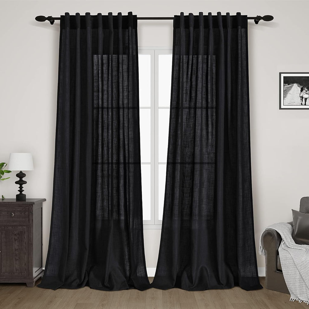 Black Sheer Linen Curtains 90 inch Length for Bedroom Back Tab Rod Pocket Modern Farmhouse Muslin Look Cotton Textured Black Window Curtains 90 inches Long for Dining Room Living Office 2 Panels