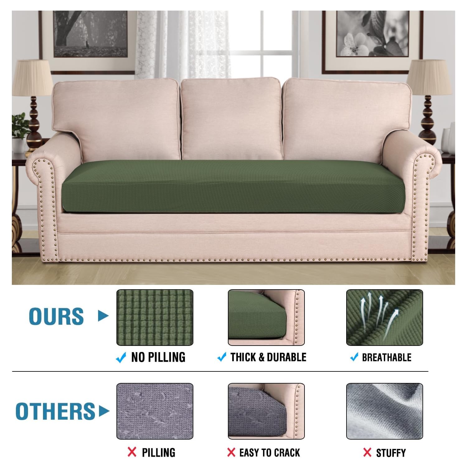 H.VERSAILTEX Super Stretch Individual Seat Cushion Covers Sofa Covers Couch Cushion Covers Slipcover Sets Thick Jacquard Textured Twill Fabric (1 Piece Sofa Cushion Cover, Bronze Green)