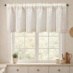 Boho Kitchen Valance for Windows, Beige Linen Blend Textured Fabric with Cotton Embroidery Vintage Western Rustic Style Light Filtering Rod Pocket Window Treatment, 52 x 18 Inch, 1 Panel