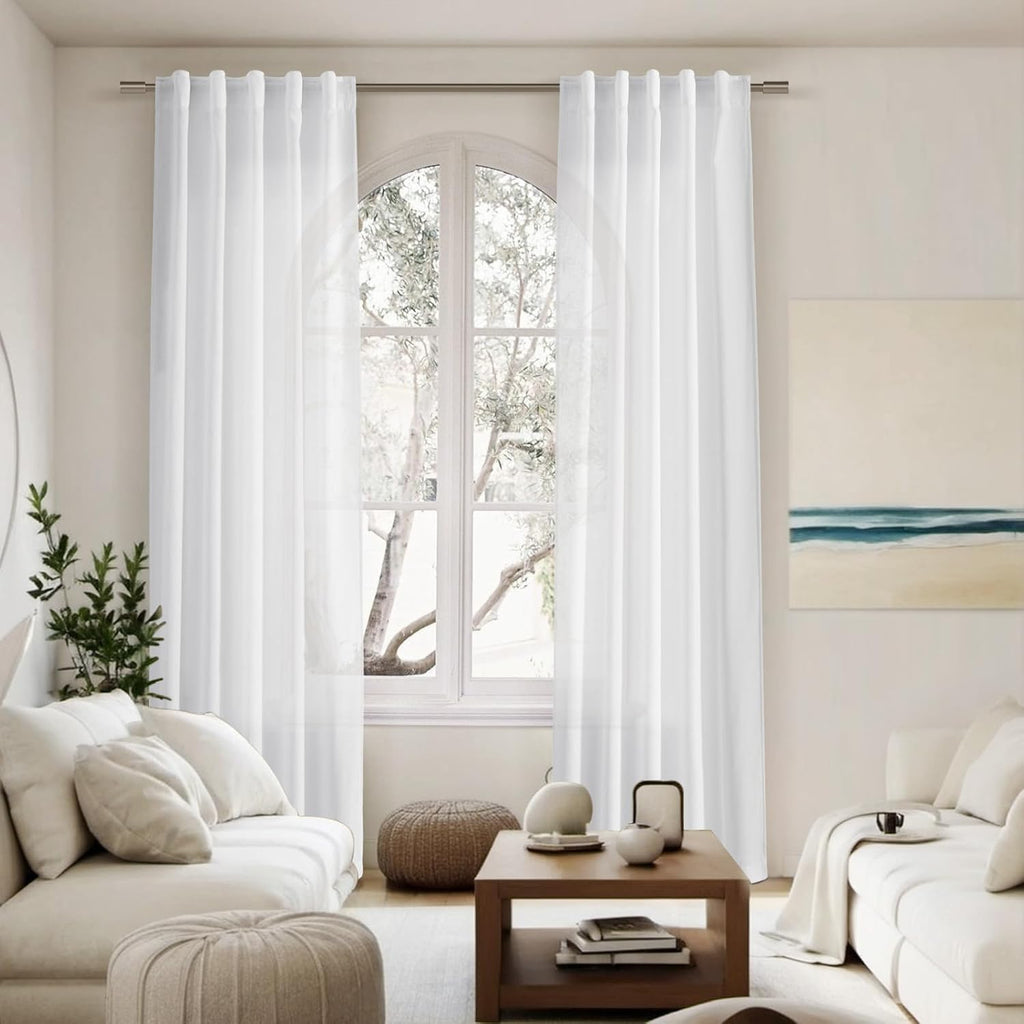 Nanspring White Linen Curtains for Living Room 84 inches Long 2 Panels Set Pure White Semi Sheer Curtains Back Tab Rod Pocket Modern Farmhouse Decor Elegant Curtains 34 X 84,2 Panels