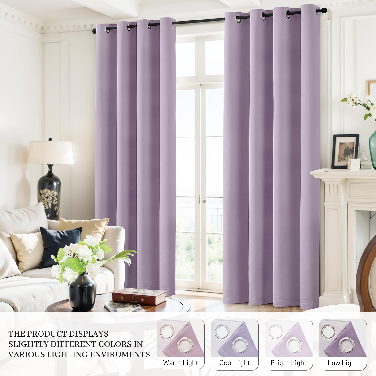 Yakamok 100% Blackout Curtains 52x84 inch Long Lilac Window Drapes-Bedroom