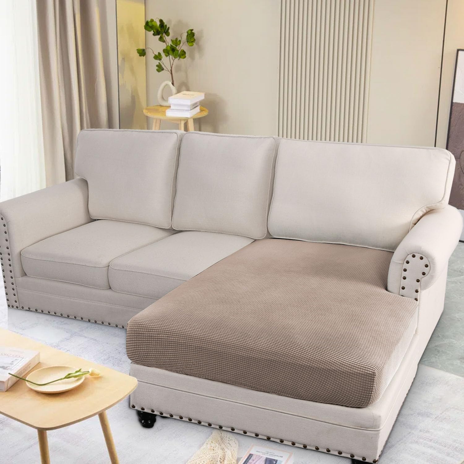H.VERSAILTEX Super Stretch Individual Chaise Cover Sectional Couch Covers for L Shaped Sofa Both Left/Right Featuring Thick Jacquard Textured Twill Fabric (1 Piece Chaise Cover, Sand)