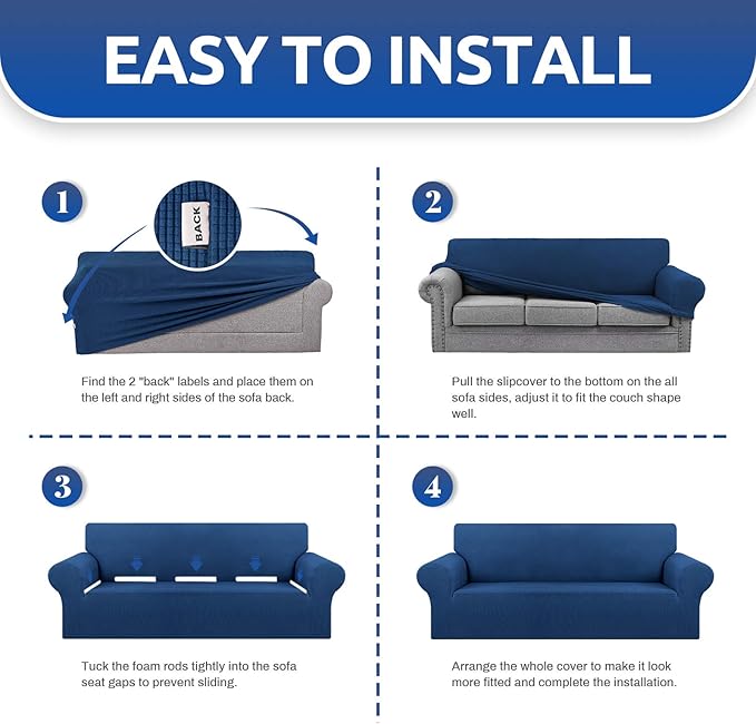 KEKUOU Stretch Couch Covers for Sofa, 3 Cushion Couch Slipcover,Classic Blue
