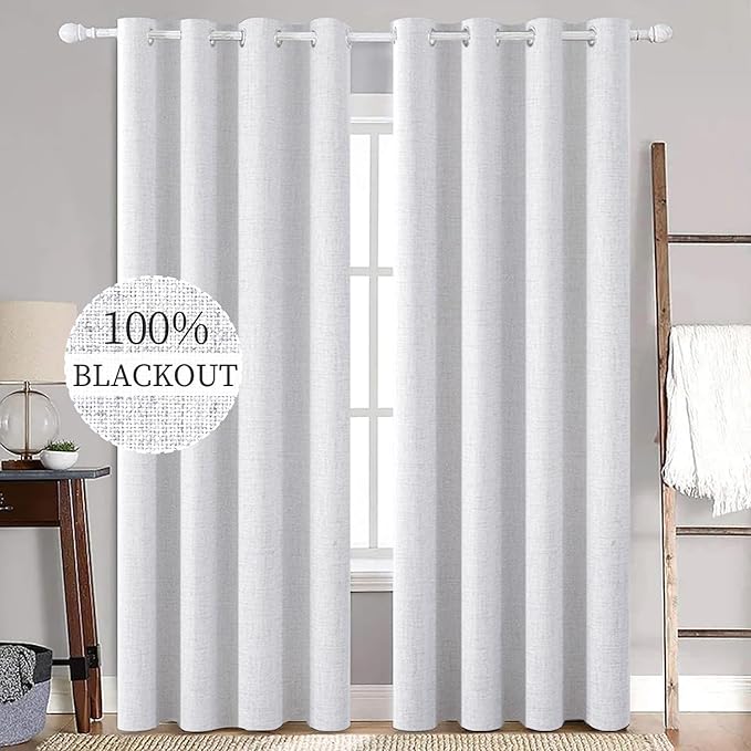 MIULEE 100% Blackout Linen Curtains for Bedroom 52x108 Inches Grayish White