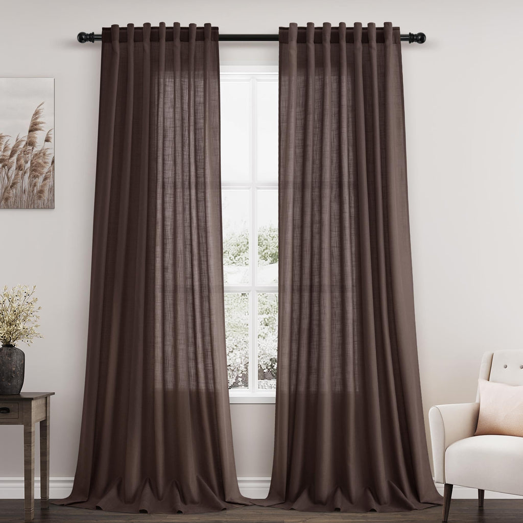 Coffee Linen Curtains 102 Inches Long for Living Room 2 Panel Set Back Tab Rod Pocket Semi Sheer Curtains Light Filtering Burlap Extra Long Drapes Neutral Farmhouse Decor for High Window 52x102