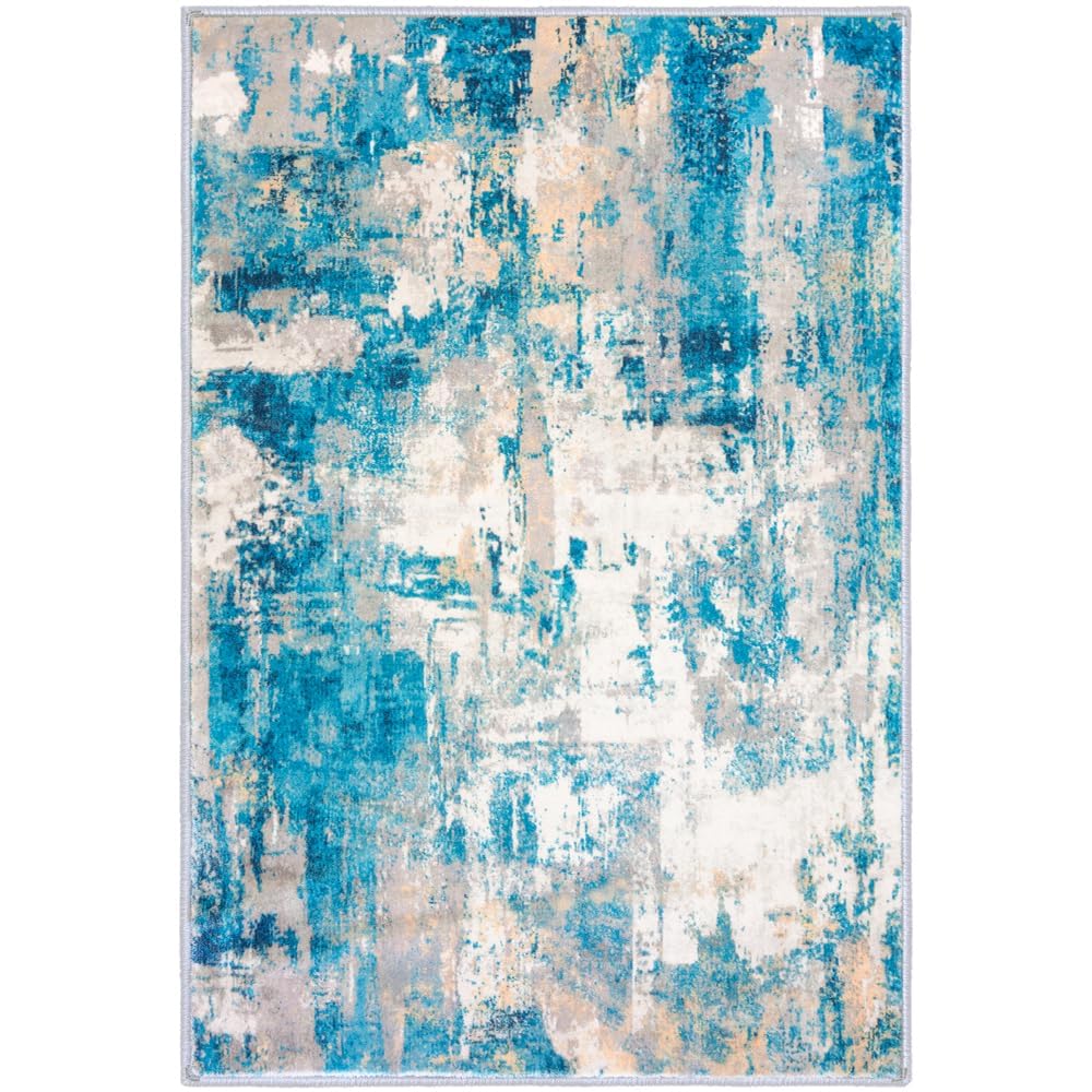 KOZYFLY Modern Abstract Runner Rug 2x6 Turquoise/Beige/Grey/Yellow Runners for Hallways Kitchen Rug Non Slip Washable Carpet Rug Runner Laundry Mat with Soft Low Pile for Entryway Bathroom Bedroom