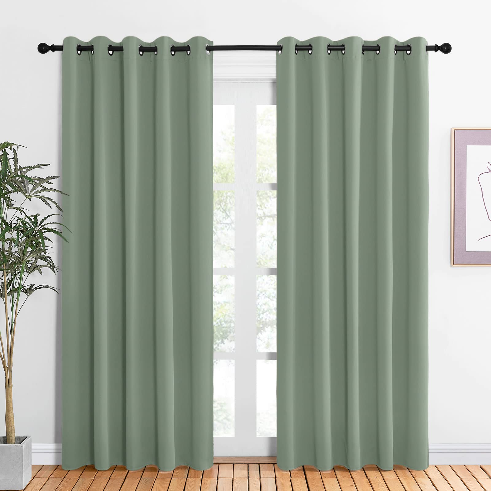 NICETOWN Room Darkening Draperies Window Curtain Panels, Greyish Green, 2 Panels, W60 x L84 -inch, Thermal Insulated Grommet Room Darkening Curtains for Bedroom