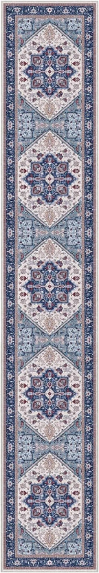 OPPODREAM Soft Entryway Rug 2x12, 2x12 Rug Runner, Washable Hallways Carpet 2 x 12 with Non Slip Backing, Low-Pile Bedside Carpet 2 x 12, Long, Faux Cashmere, Navy Blue & Red & Cream