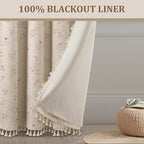 Boho Floral Spring 100% Blackout Curtains 84 Inch Length 2 Panels Set, Linen Texture Farmhouse Curtains with Beige Tassel for Living Room Bedroom, Vintage Rustic Rod Pocket,Pink