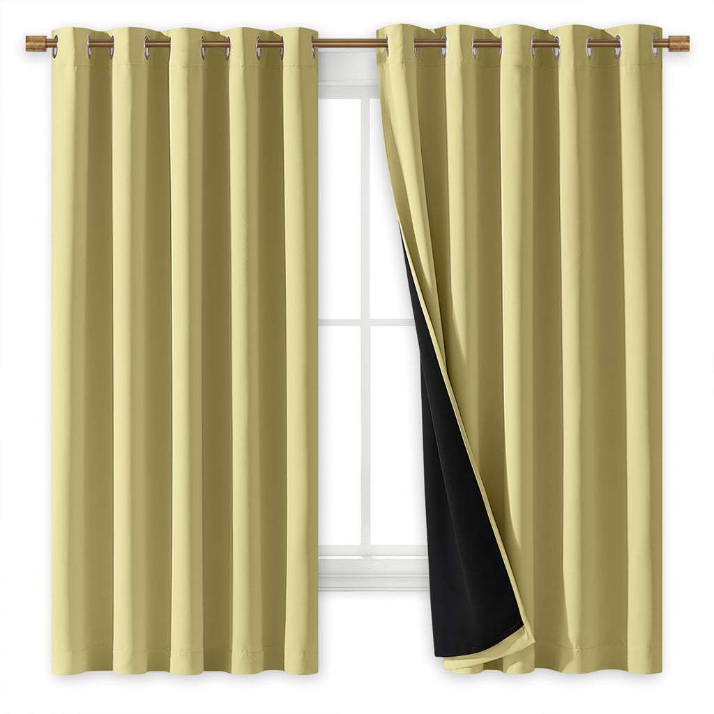 NICETOWN 100% Blackout Curtains with Black Liners, Thermal Insulated Full Blackout 2-Layer Lined Drapes, Energy Efficiency Window Draperies for Bedroom (Paler Yellow, 2 Panels, 70-inch W by 63-inch L)