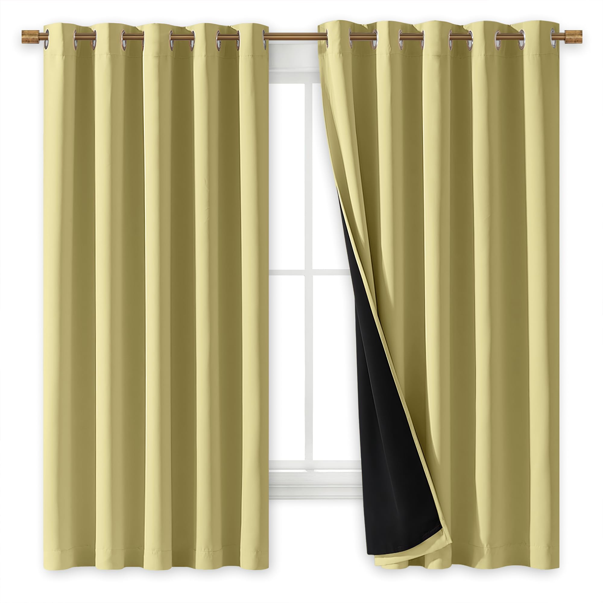 NICETOWN 100% Blackout Curtains with Black Liners, Thermal Insulated Full Blackout 2-Layer Lined Drapes, Energy Efficiency Window Draperies for Bedroom (Paler Yellow, 2 Panels, 70-inch W by 63-inch L)