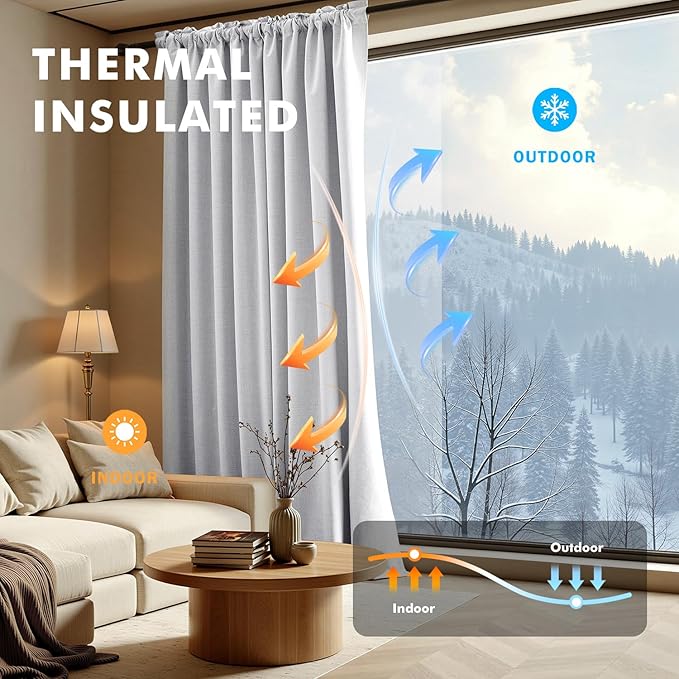 MIULEE 100% Blackout Linen Curtains for Bedroom, Grayish White Solid Luxury Decor Thermal Insulation Room Darkening Drapes for Living Room Nursery Back Tab Rod Pocket 42 x 90 Inches, 2 Panels