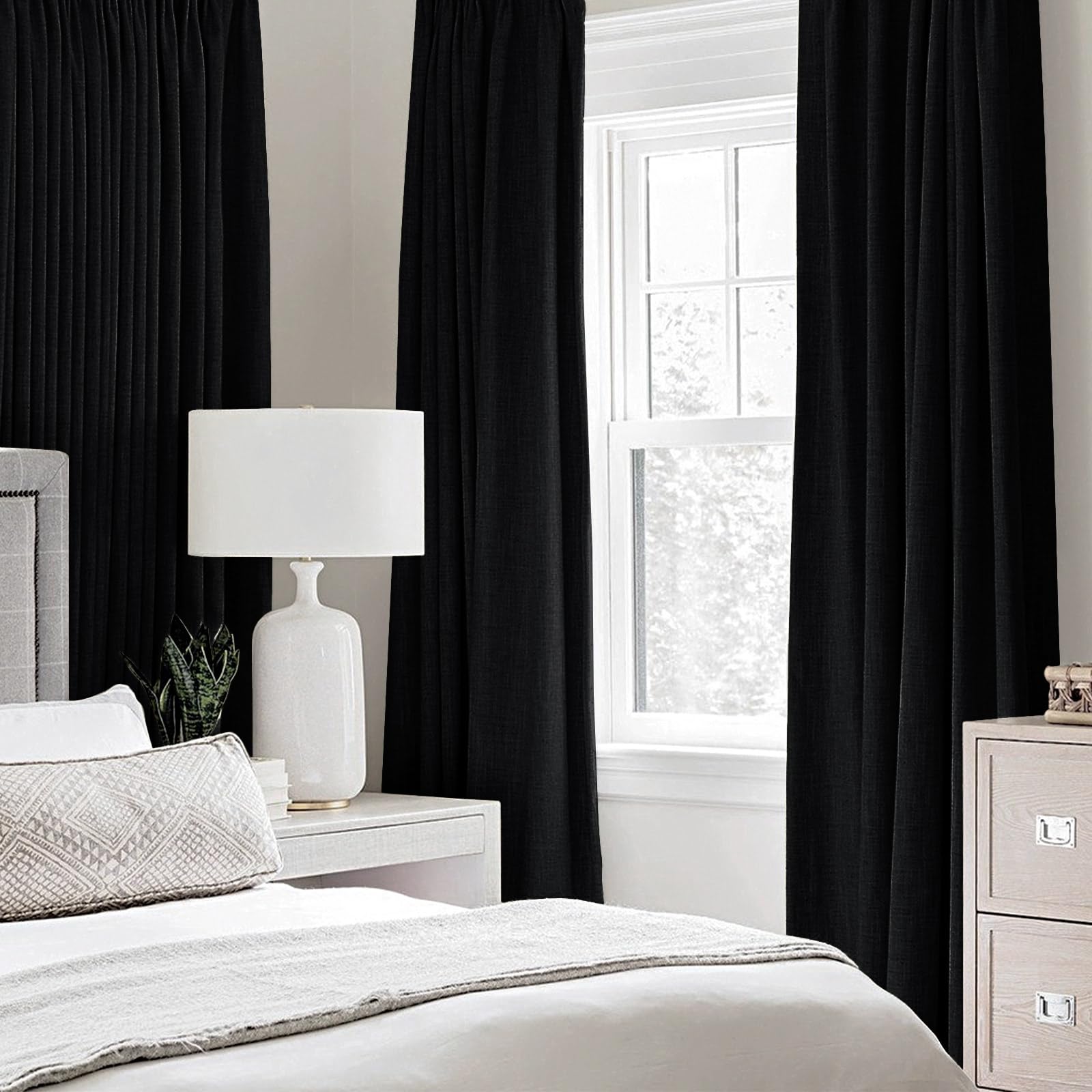 MIULEE 100% Blackout Linen Curtains for Bedroom 52x84 Inches Black