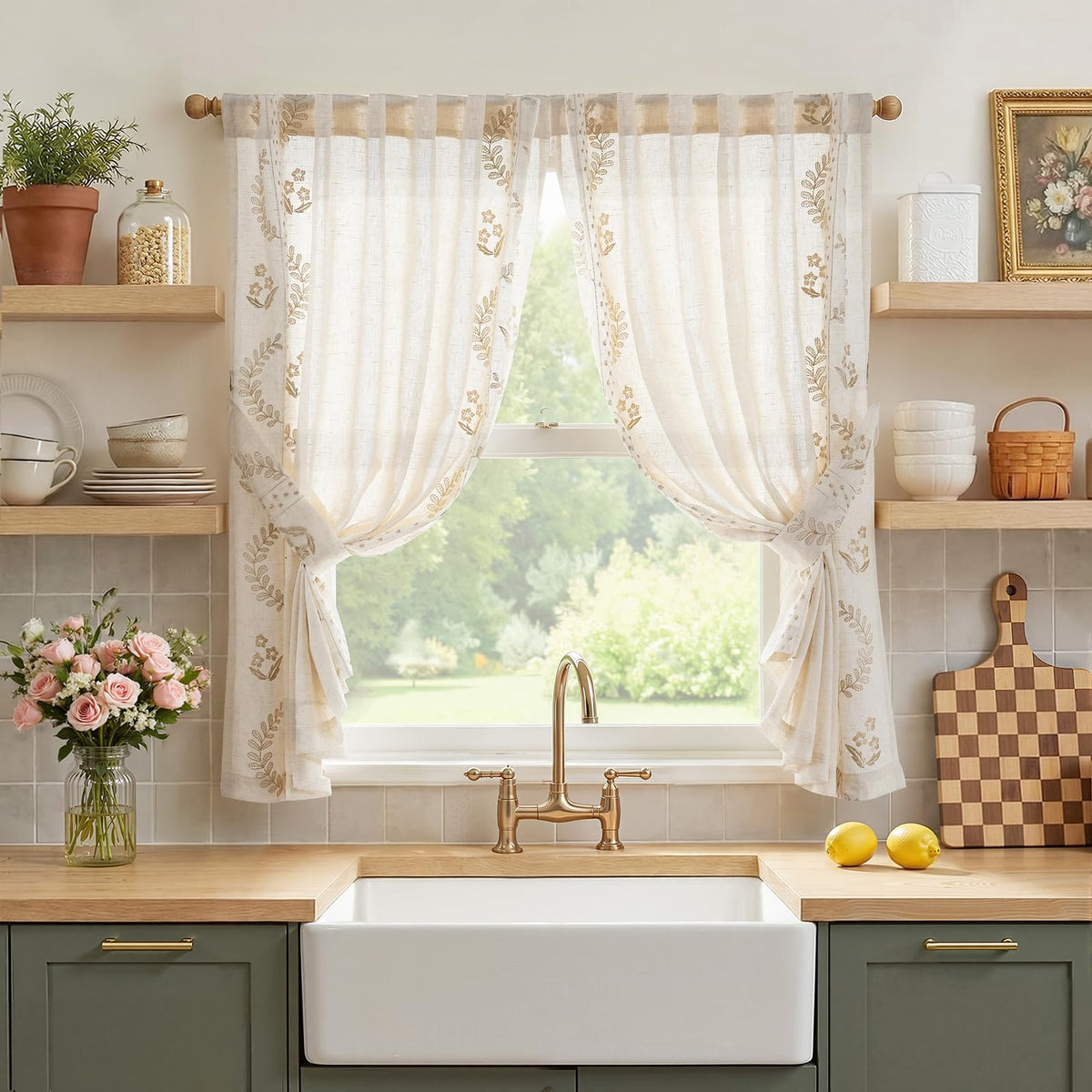 jinchan Floral Linen Curtains 84 Inch Farmhouse Back Tab 2 Panels