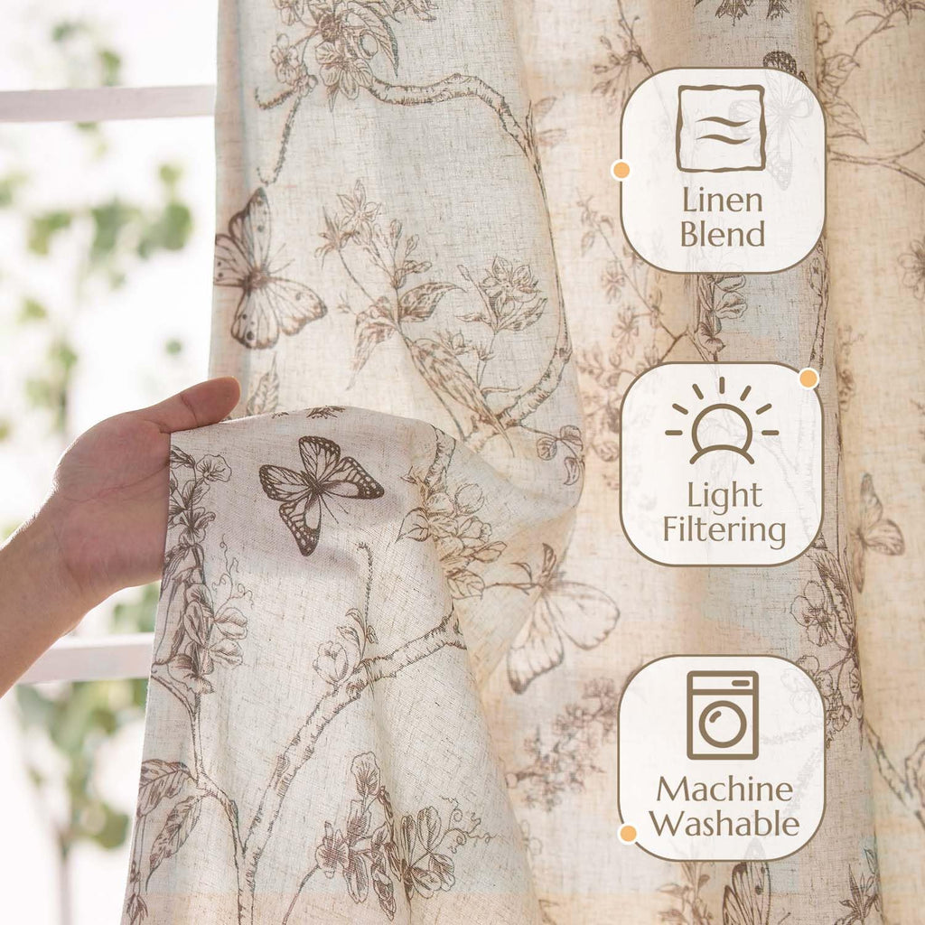 jinchan Taupe Floral Linen Curtains Lined 84 Inch Vintage Back Tab 2 Panels