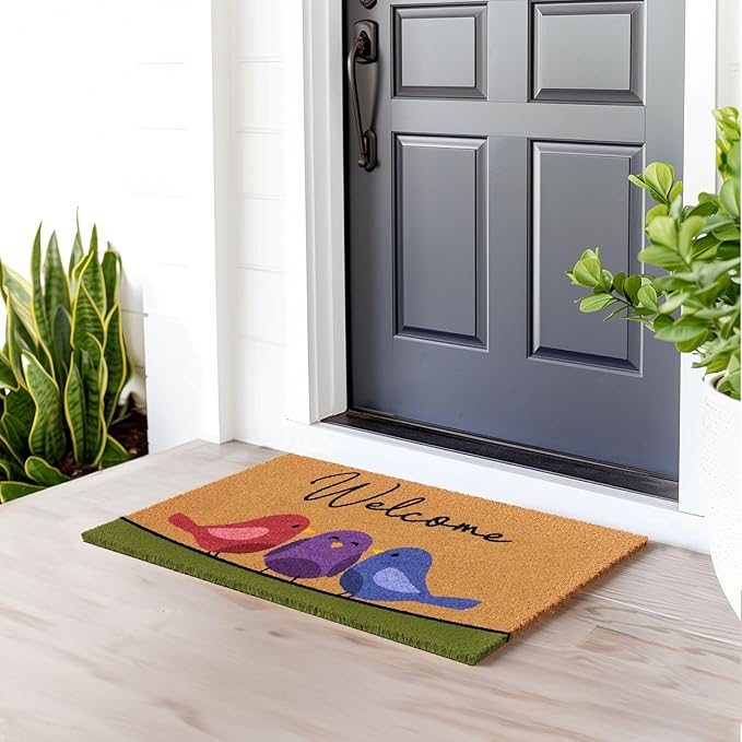 Barnyard Designs Natural Coco Coir Non-Slip Doormat (17x30, Spring Birds)