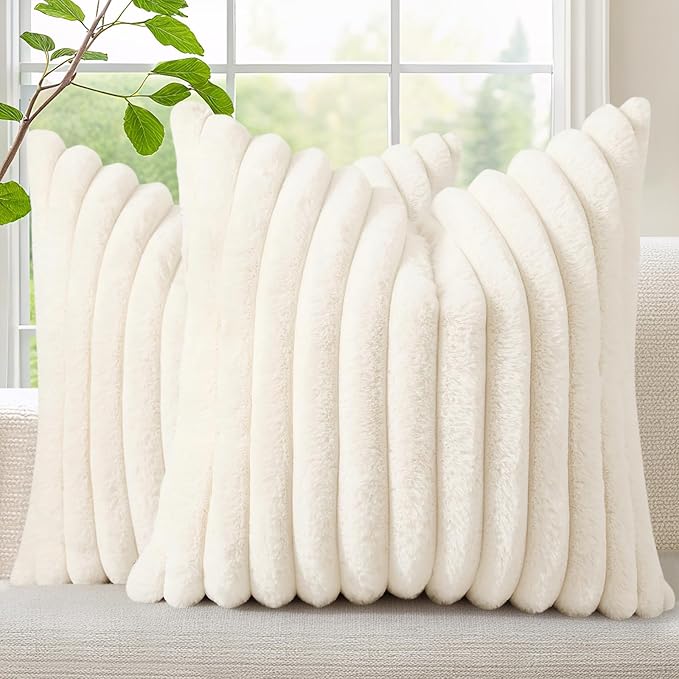 decorUhome Fall Faux Fur Throw Pillow Covers 18x18 Set of 2 Cream White