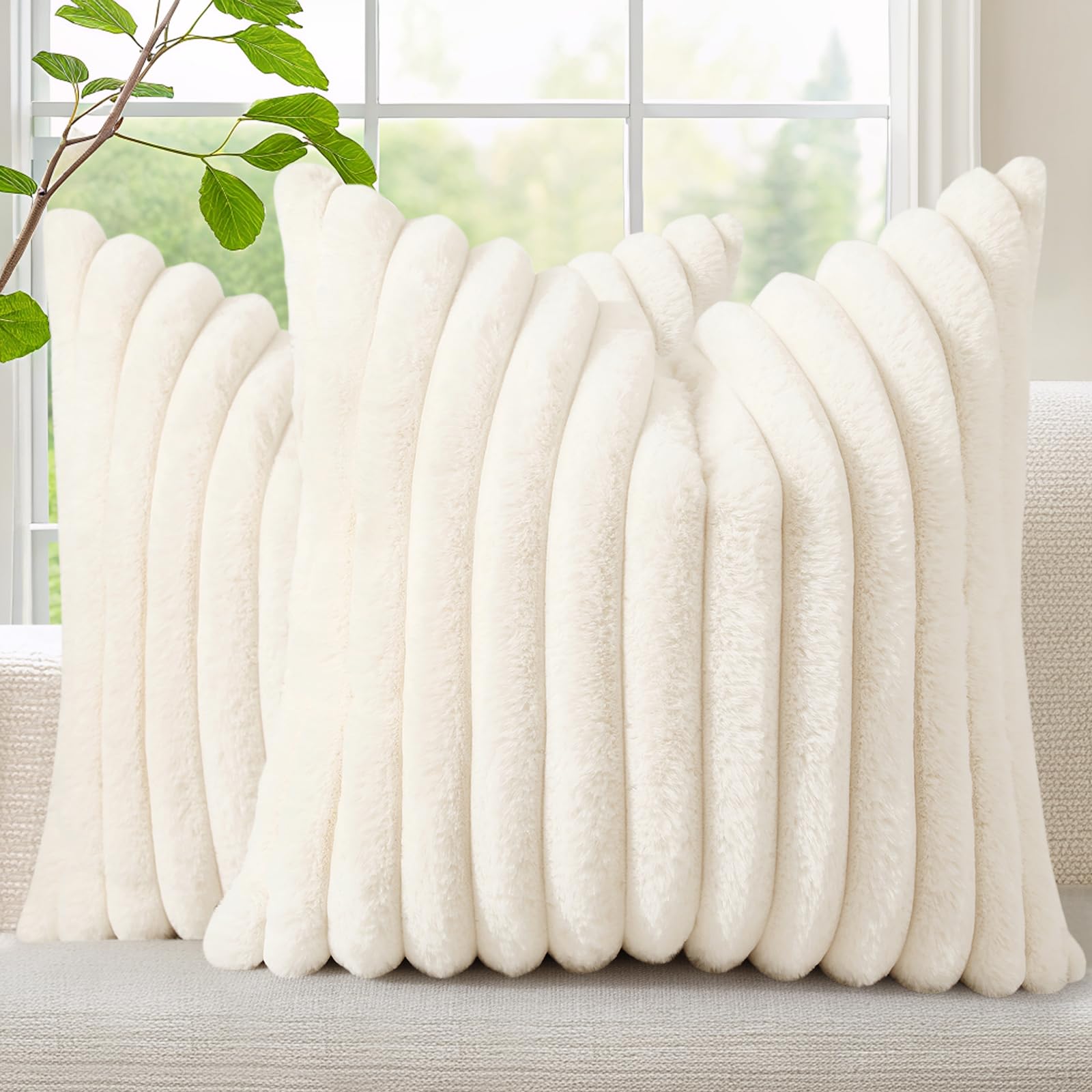 decorUhome Fall Faux Fur Throw Pillow Covers 22x22 Set of 2 Cream White