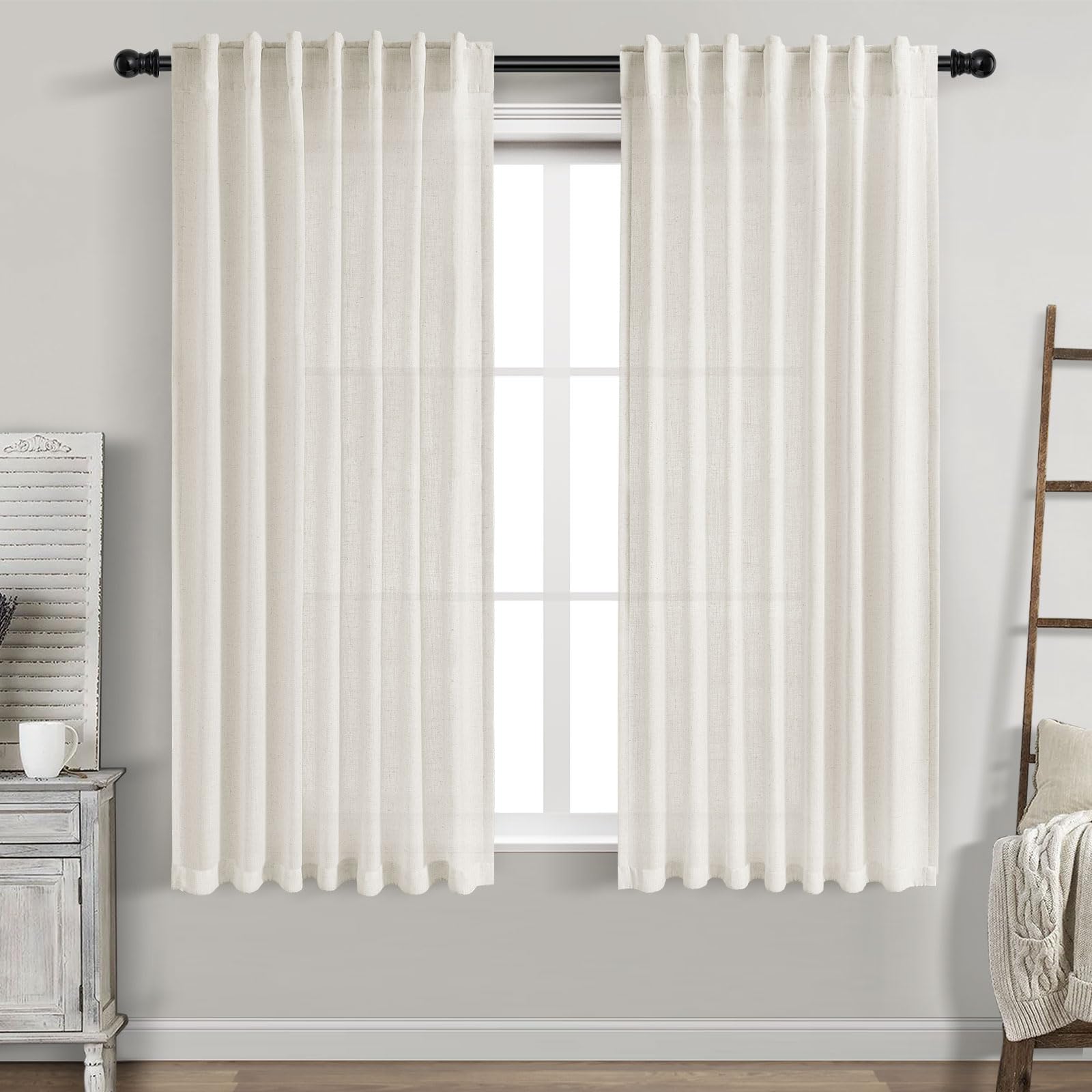 Cream Linen Back Tab Pocket Curtains 60 Inch Length for Living Room 2 Panel Set Neutral Modern Farmhouse Window Curtain Semi Sheer Light Filtering Privacy Drapes for Bedroom Natural Ivory 52x60