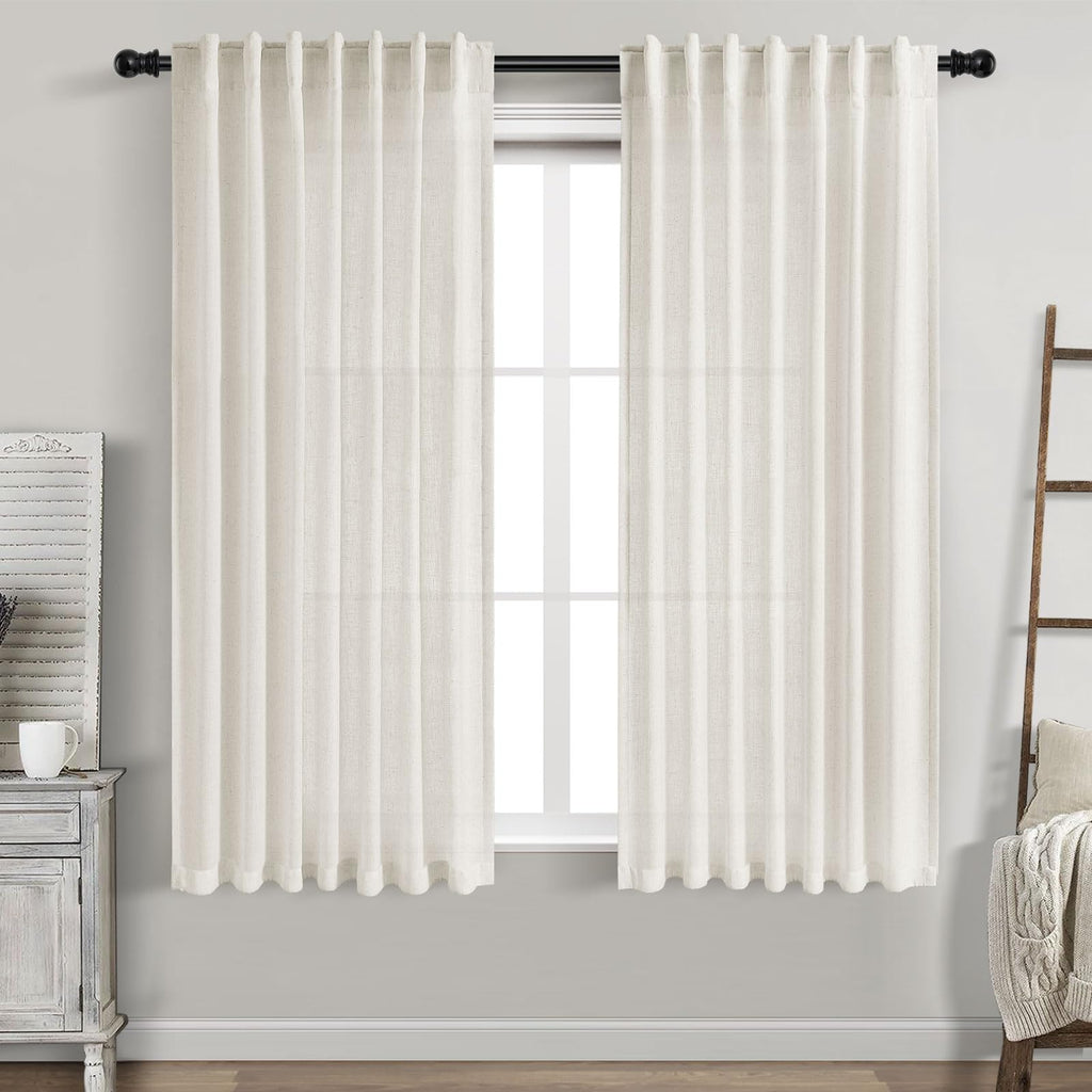Cream Linen Curtains 61 Inch Length for Living Room 2 Panels Set Neutral Modern Farmhouse Window Curtain Semi Sheer Light Filtering Privacy Back Tab Rod Pocket Drapes for Bedroom Natural Ivory 52x61