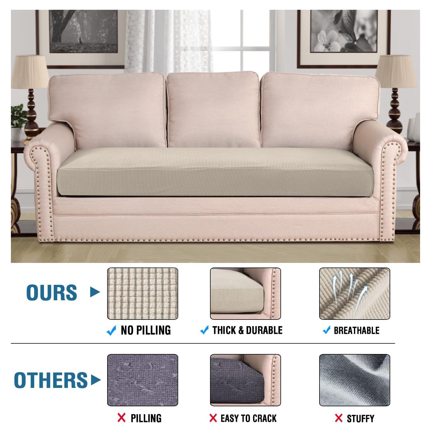 H.VERSAILTEX Super Stretch Individual Seat Cushion Covers Sofa Covers Couch Cushion Covers Slipcover Sets Thick Jacquard Textured Twill Fabric (1 Piece Sofa Cushion Cover, Island Fossi)