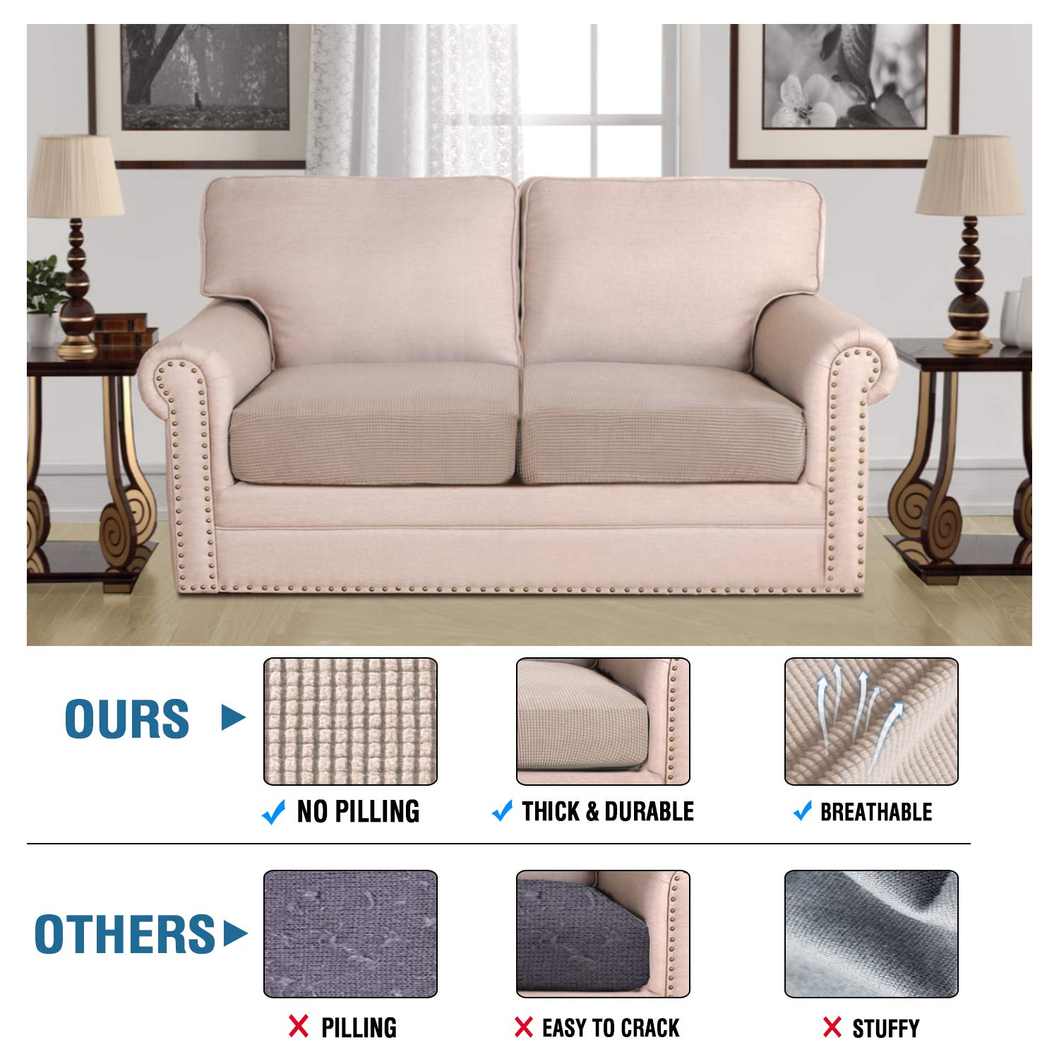 H.VERSAILTEX High Stretch Couch Cushion Covers,Chair Sofa Seat Slipcovers Couch Cushion Cover Stretch Furniture Protector for Kids, Pets(2 Packs Cushion Loveseat Covers, Sand)