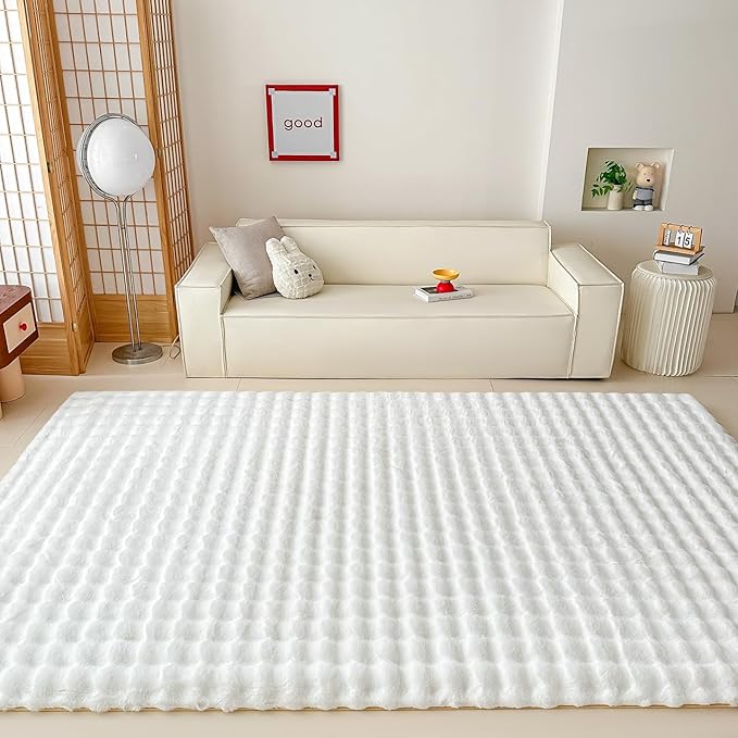 White Rabbit Plush Rug 6'x9', Fluffy Faux Fur Shaggy Area Rug for Nursery, Kids Room Decor, Soft Fuzzy Carpet for Living Room, Bedroom, Teen Girls Room
