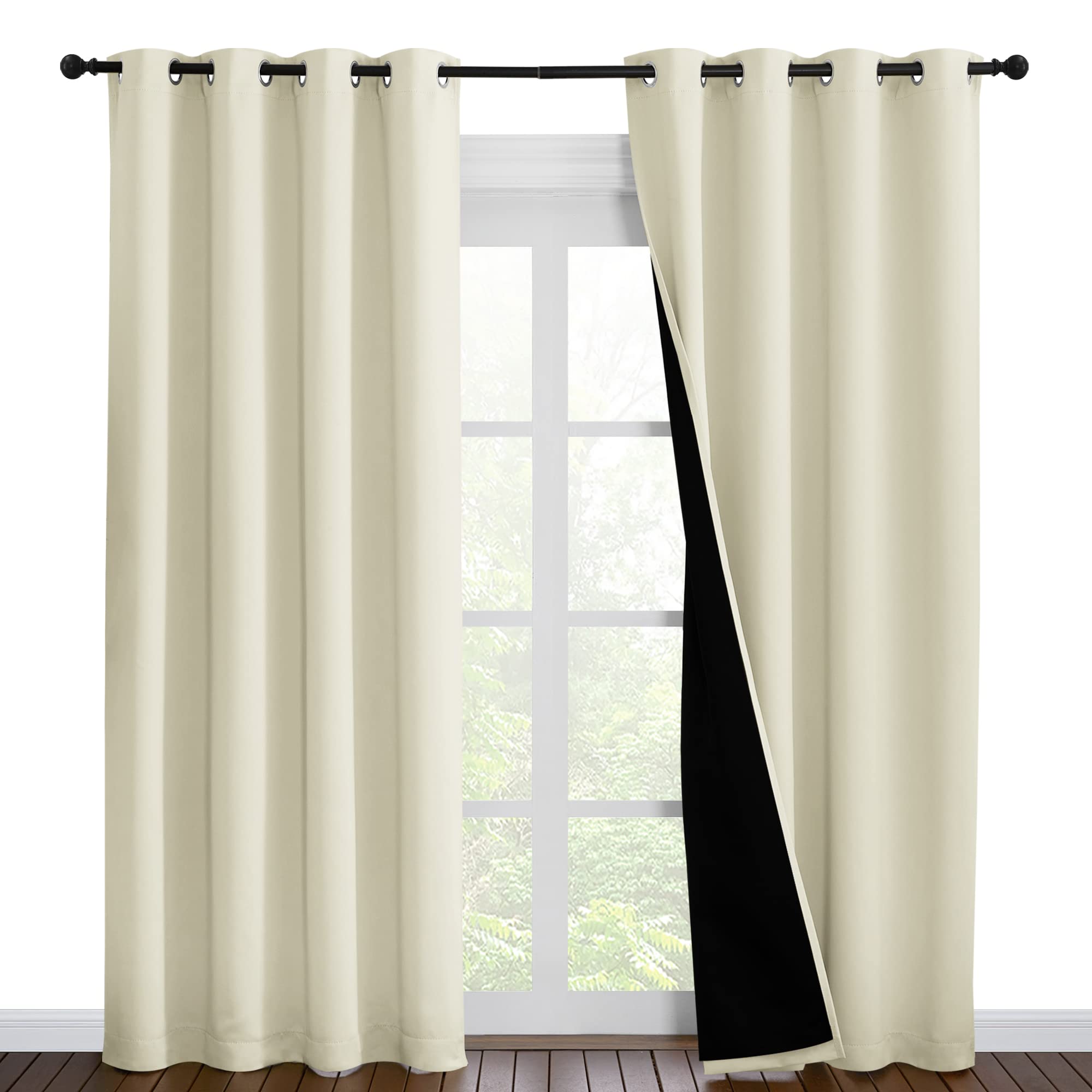 NICETOWN Living Room Completely Shaded Draperies, Privacy Protection & Noise Reducing Ring Top Drapes, Black Lined Insulated Window Treatment Curtain Panels (Beige, 2 Pieces, W55 x L86)