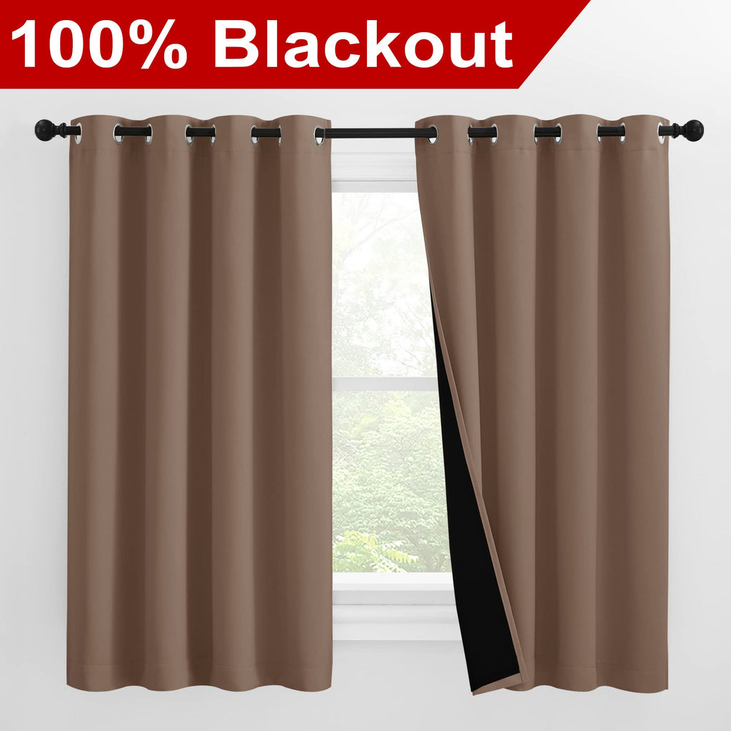 NICETOWN Bedroom Full Blackout Curtain Panels, Super Thick Insulated Window Covers, Keeping Out Cold Air and Heat 100% Blackout Blinds with Black Liner (Cappuccino, Set of 2 PCs, 55 by 57-inch)