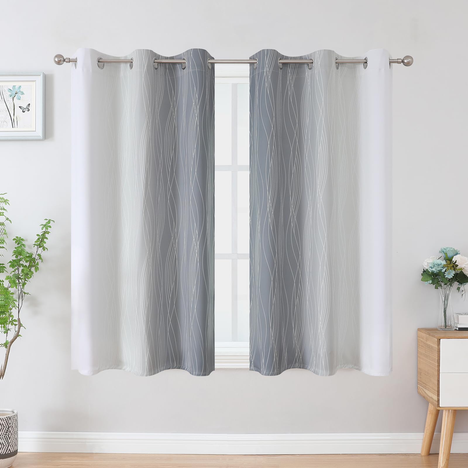 Grey and Greyish White Ombre Blackout Curtains for Bedroom 54 Inch Long