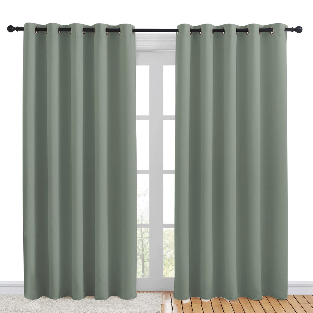 NICETOWN Blackout Draperies Curtains for Kids Room, Window Treatment Thermal Insulated Solid Grommet Blackout Drape Panels for Bedroom (Greyish Green, Set of 2, 70 by 84 inches)
