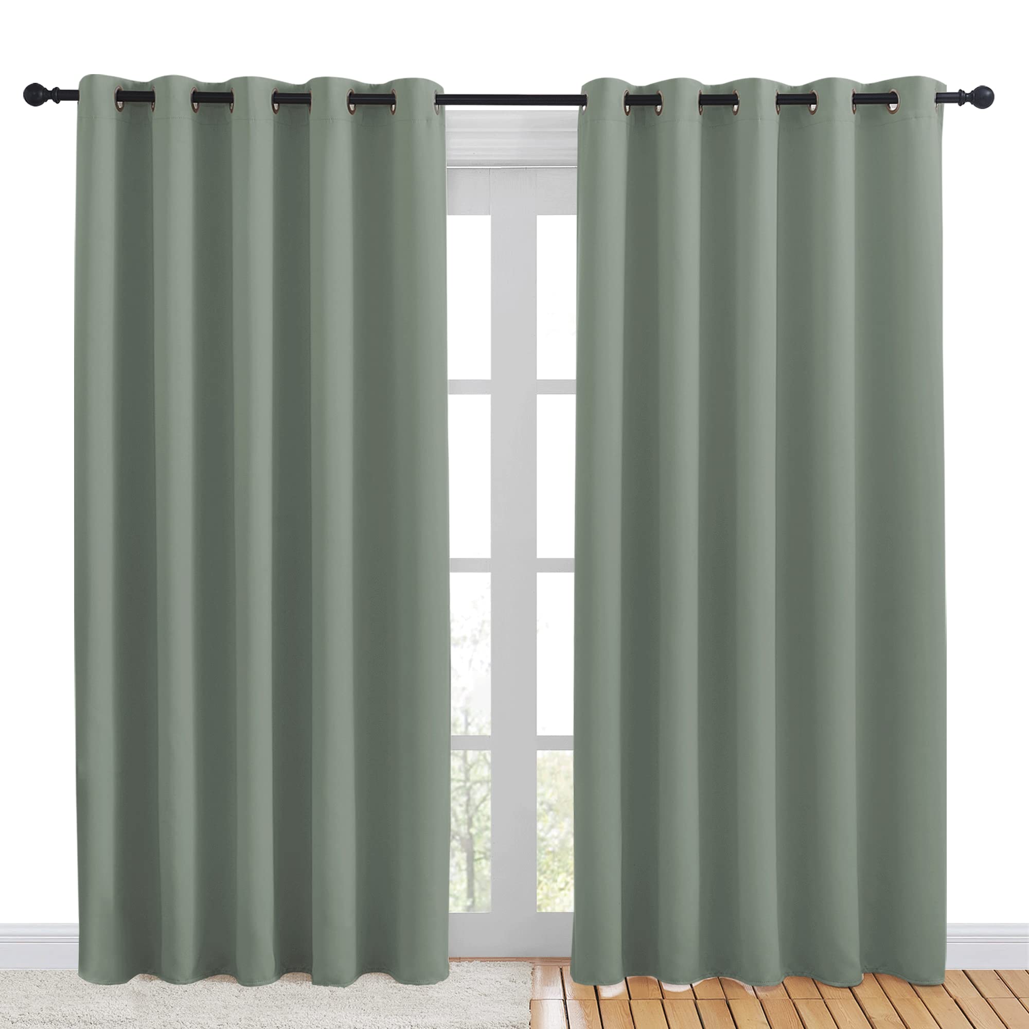 NICETOWN Blackout Draperies Curtains for Kids Room, Window Treatment Thermal Insulated Solid Grommet Blackout Drape Panels for Bedroom (Greyish Green, Set of 2, 70 by 84 inches)