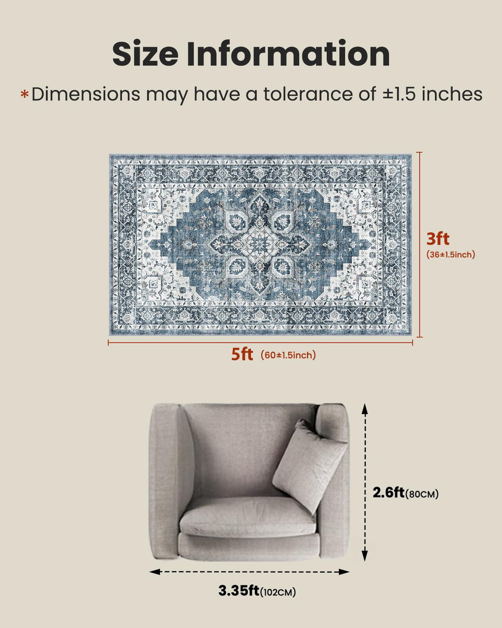 AMADA HOMEFURNISHING 3x5 Washable Area Rug, Low-Profile Entryway Rug with Non-Slip Backing & Durable Edge Binding, Vintage Rugs for Bedroom, Entryway & Kitchen