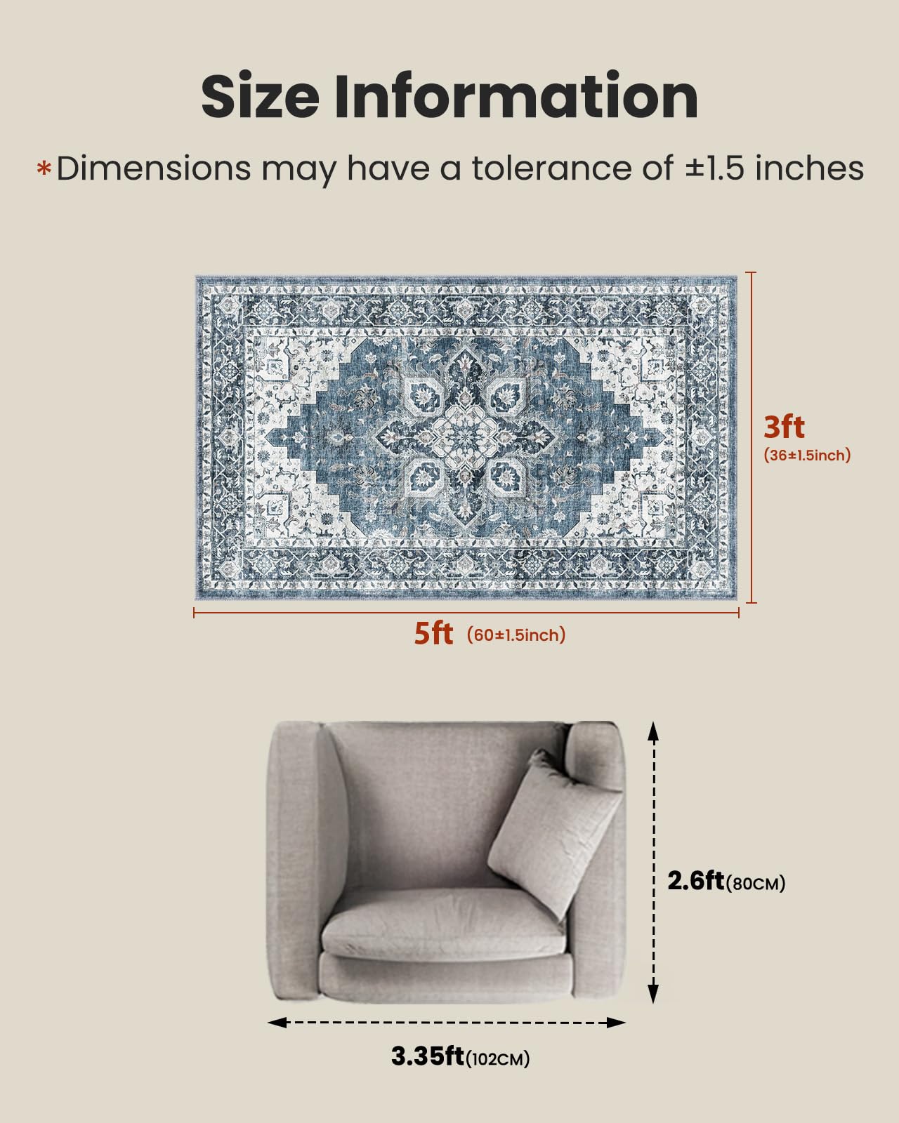 AMADA HOMEFURNISHING 3x5 Washable Area Rug, Low-Profile Entryway Rug with Non-Slip Backing & Durable Edge Binding, Vintage Rugs for Bedroom, Entryway & Kitchen
