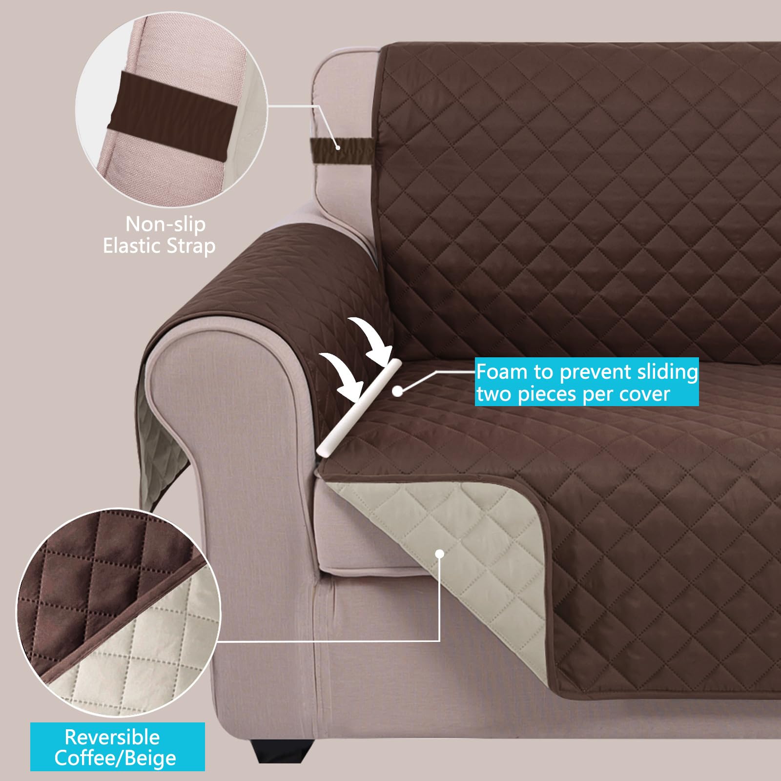 U-NICE HOME Loveseat Sofa Cover for 2 Cushion Couch, Coffee/Beige