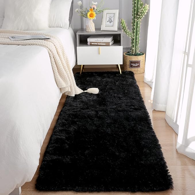 Chicrug Soft Runner Rugs for Bedroom Living Room Plush Fluffy Rug 2x7 Feet, Shag Furry Area Rug Carpet Non Shedding for Nursery Children Kids Girls Room Home Decorative, Black