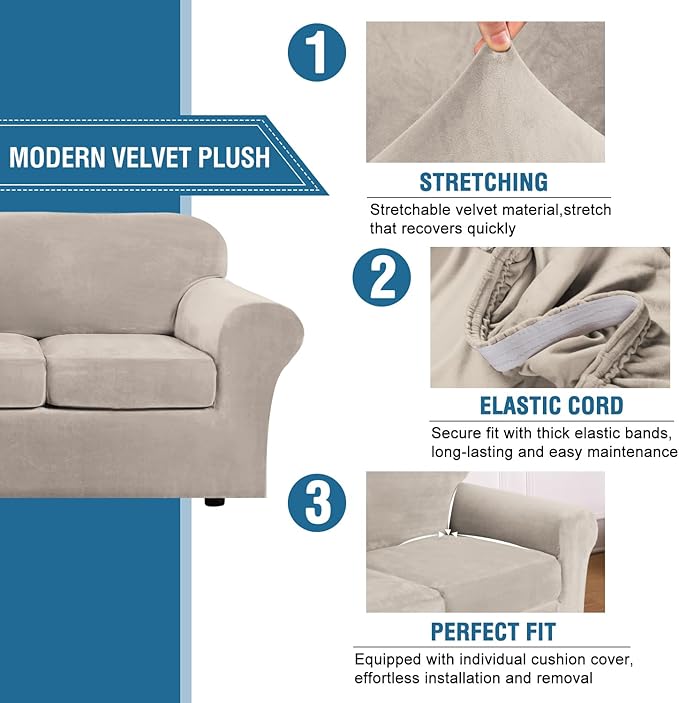 H.VERSAILTEX Modern Velvet Plush 4 Piece High Stretch Sofa Slipcover Furniture Protector Form Fit Velvet Extra Large Sofa Cover for 3 Cushion Couch Width Up to 105 Inch (XL Sofa, French Oak)