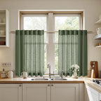 Nanspring Linen Kitchen Curtains 30 Inches Long 2 Panels Olive Green Semi Sheer Short Curtain Back Tab Rod Pocket Solid Privacy Cafe Tier Curtains for Cafe Bathroom Basement 36x30