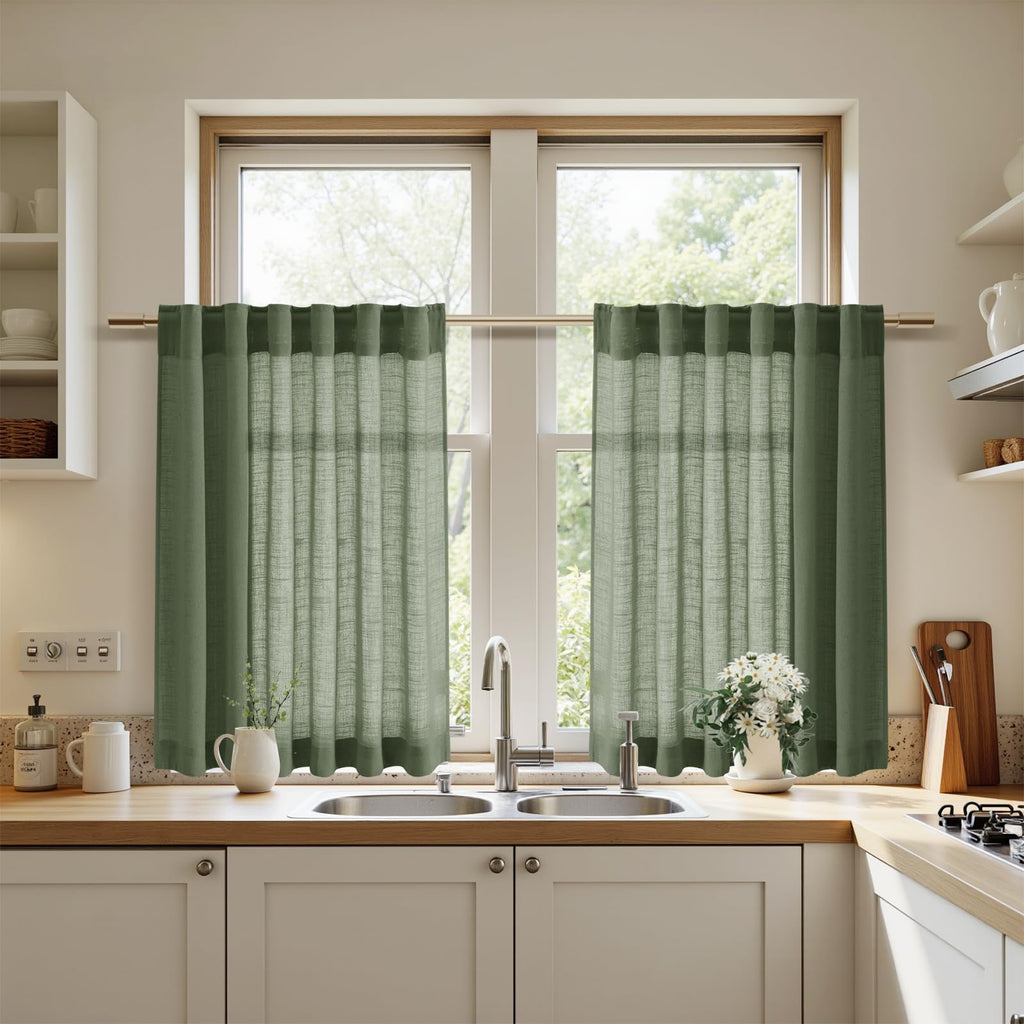 Nanspring Linen Kitchen Curtains 30 Inches Long 2 Panels Olive Green Semi Sheer Short Curtain Back Tab Rod Pocket Solid Privacy Cafe Tier Curtains for Cafe Bathroom Basement 36x30