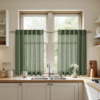 Nanspring Linen Kitchen Curtains 30 Inches Long 2 Panels Olive Green Semi Sheer Short Curtain Back Tab Rod Pocket Solid Privacy Cafe Tier Curtains for Cafe Bathroom Basement 36x30